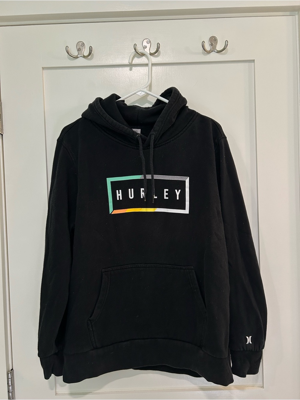 Hurley Men’s L Black Multicolor Box Logo Hoodie Surf Skate Streetwear Pullover